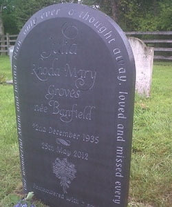 Welsh Slate Headstone Round top Monolith with chamfered edge and Script Font.